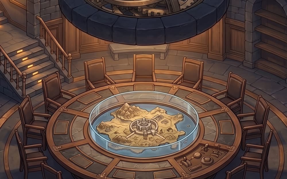The Council Chamber, with its round table and the city map set into it