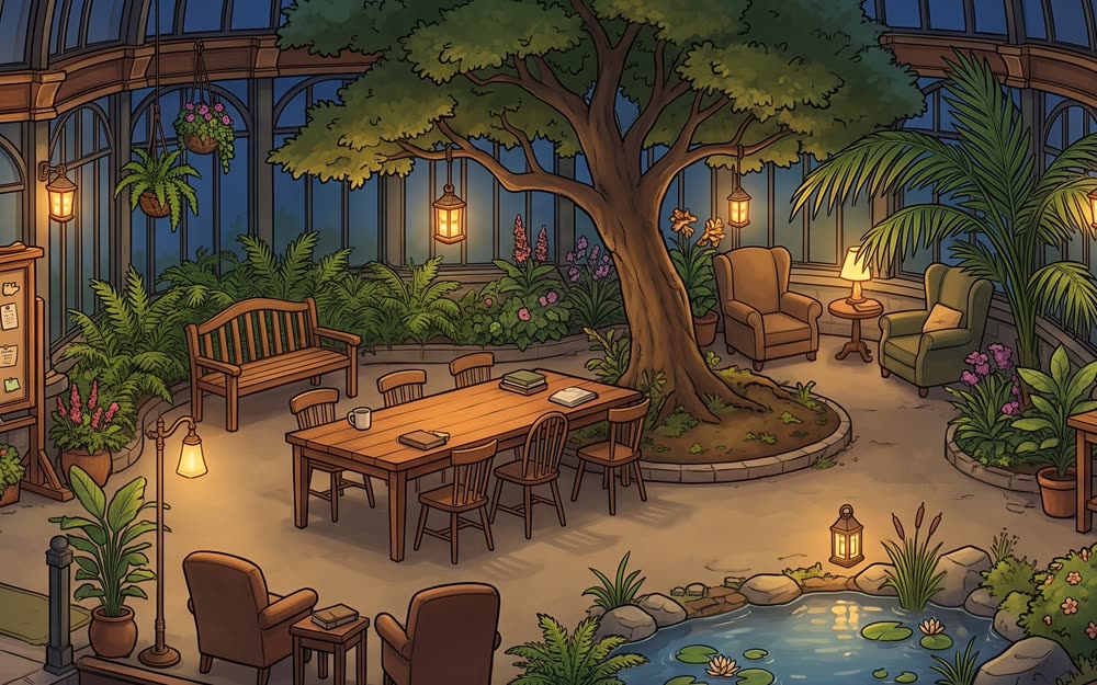 The Conservatory Garden, with a tree, a long table, and a pond