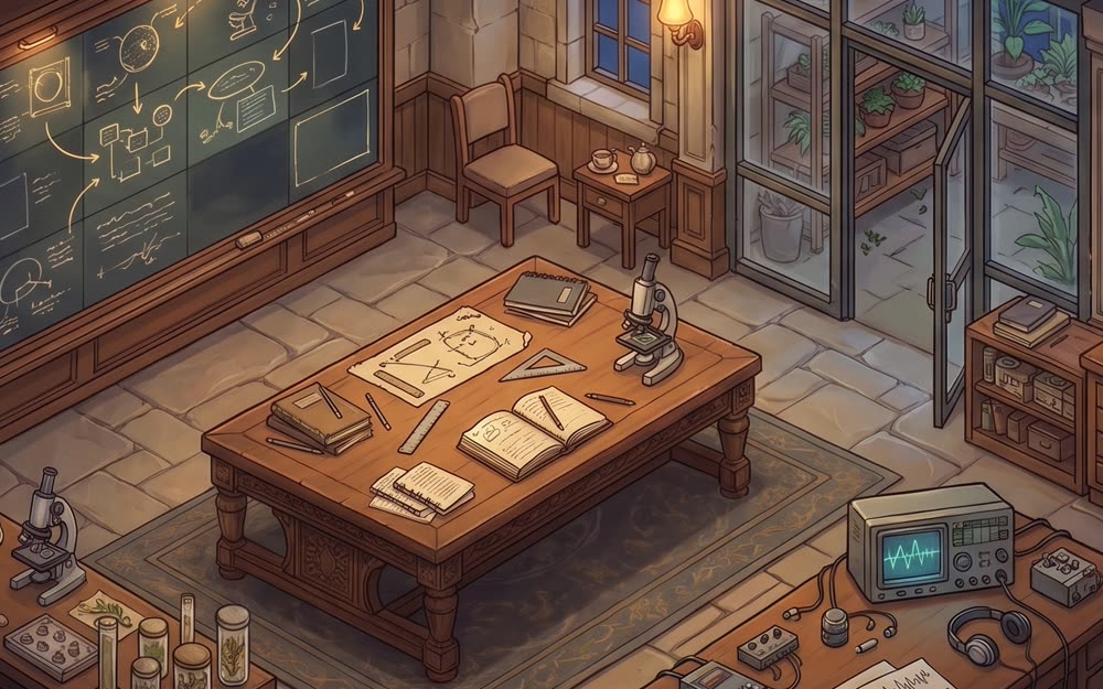 Research, with its chalkboard, worktable, and greenhouse door