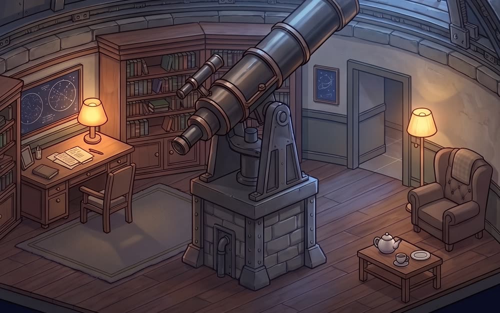 The study under the dome, with the telescope, a desk, and a reading chair